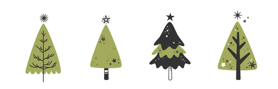 A various set of cute Christmas tree with lovely decoration line art and monotone flat vector illustration isolated on white background. Merry Christmas and Happy New Year.