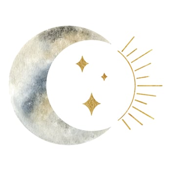 Crescent moon and sun. Esoteric signs and symbols. Watercolor illustrations on the topic of astrology and esotericism. Isolated. Minimalistic illustration for design, print, fabric or background. vector