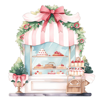 Christmas cake storefront in a winter with decorated bows and wreaths ,ai generative png