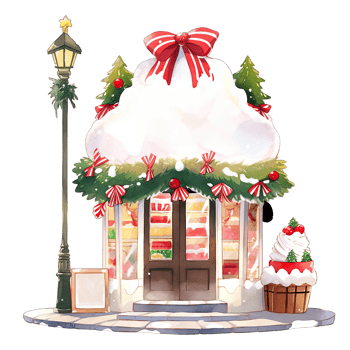 Christmas cake storefront in a winter with decorated bows and wreaths ,ai generative png
