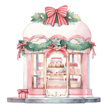 Christmas cake storefront in a winter with decorated bows and wreaths ,ai generative png