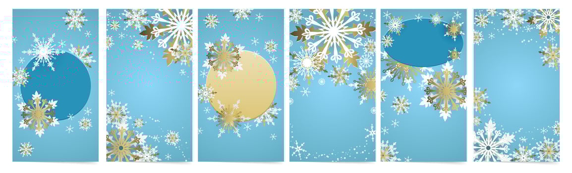 Winter holiday backgrounds for social media stories, posts and sales templates. Blue Christmas banners with golden snowflakes. vector