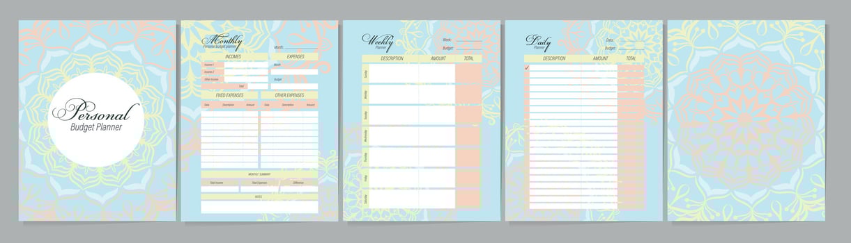 Budget planner for month, week, day. Mandala cover design for the notebook. Minimalist printable planner design. vector