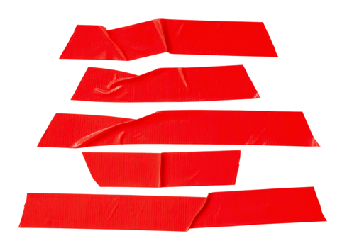 Set of red scotch tape or adhesive vinyl tape in stripe isolated with clipping path in png file format
