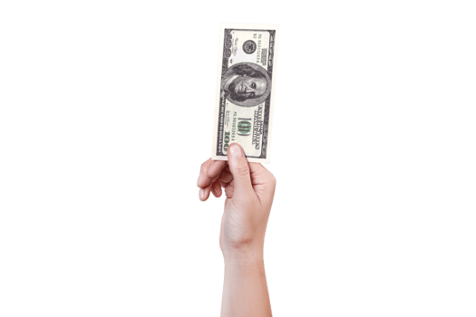 Hand below shows money 100 dollar bill. Money in a hand isolated on  png transparent background