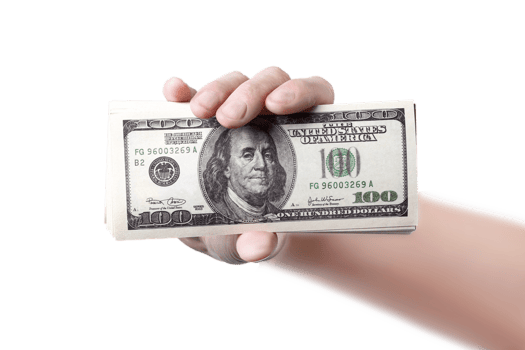 A hand shows a money isolated on  png transparent background 100 dollars close up