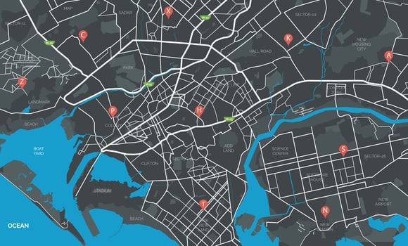 Urban detailed black and white map, vector illustration of city map with beach port