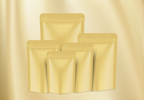 Yellow foil sachet mockup, plastic pouch blank with ziplock front view on yellow background. Shiny gold package for template your design, promo, ad. tea, sugar, candy, biscuit. Vector illustration.
