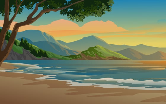 Beautiful beach at sunset. Vector nature scenery