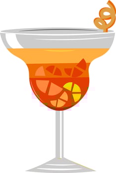Drawing of elegant party glassware filled with citrus cocktail and slices of lemon vector or color illustration