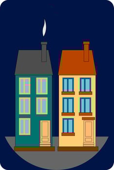 Clipart of two tall buildings with chimney and smoke viewed from the front, vector or color illustration