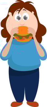 Girl eating a burger, illustration, vector on white background