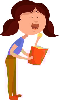 Girl eating chips, illustration, vector on white background