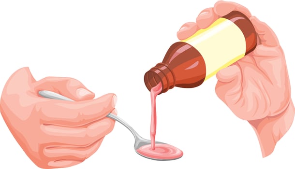 Vector of human hand pouring syrup on spoon.