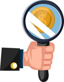 Hand holding a mignifying glass focus on money white background vector illustration.