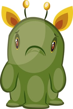 Illustration of sad green monster with yellow ears and three legs white background vector illustration.