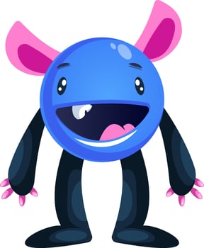 Happy blue cartoon monster with big arms and legs and pink ears white background vector illustration.