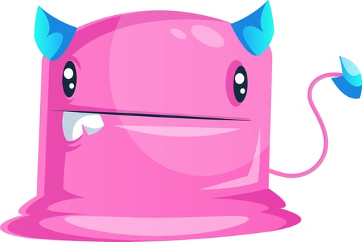Pink cartoon monster with blue horns and tail vector illustration on white background.