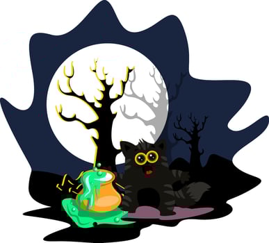 Halloween vector illustration of black and gray cat mixing potion under a full moon on white background.