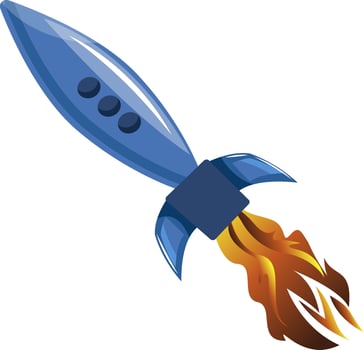 Flying blue rocket vector illustration on white background.