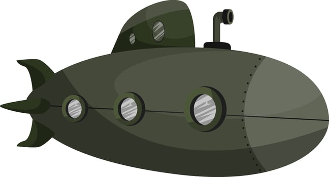 Deep green submarine vector illustration on white background.