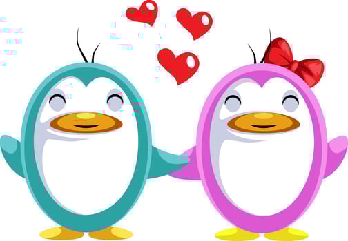 Blue and pink penguin in love illustration vector on white background