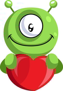 Cute alien holding heart illustration vector on white background