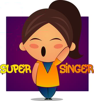Singing girl with brown ponytail and purple background, illustration, vector on white background.