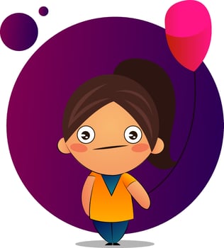 Girl with brown ponytail with a red balloon, illustration, vector on white background.