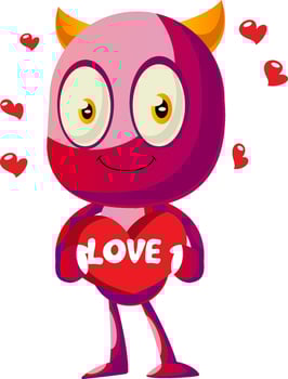 Devil in love with big heart, illustration, vector on white background.