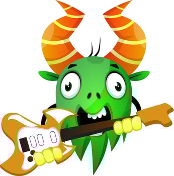 Cartoon monster holding an electric guitar, illustration, vector on white background.