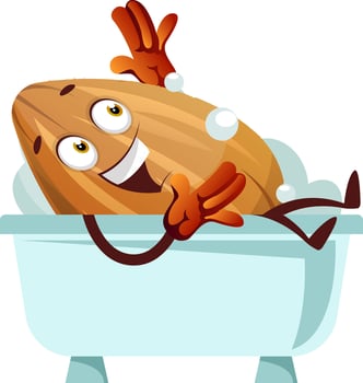 Almond laying in a blue bathtub, illustration, vector on white background.