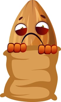 Tired almond holding pillow in his hands, illustration, vector on white background.