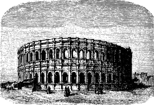 The Arena of Nimes a Roman amphitheater vintage engraving. vector
