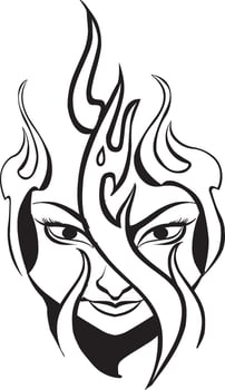 Tattoo design of flame on woman's face, vintage engraving. vector