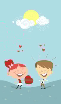cartoon boy and girl holding heart shaped box vector