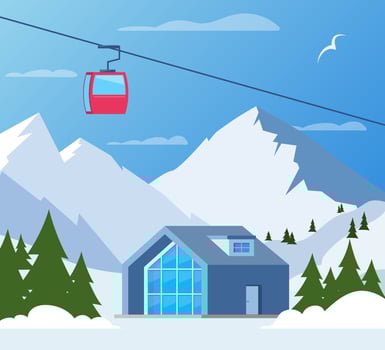 Ski resort. Winter mountain landscape with lodge, ski lift. Winter sports vacation banner. Vector illustration.