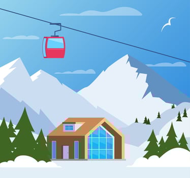 Ski resort. Winter mountain landscape with lodge, ski lift. Winter sports vacation banner. Vector illustration.