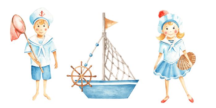 Set of watercolor sea compositions. Cute little sailor boy and girl in marine suits with fishing net, shell and toy boat. Marine illustration for kids. Hand painted. For children cards, posters png