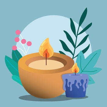 Group of candles for amoratherapy and leaves Vector illustration