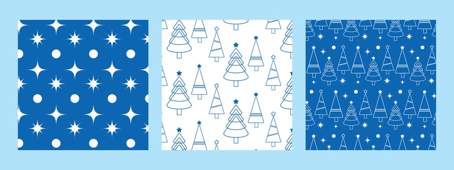 A set of New Year and Christmas seamless patterns in blue with fir trees. Patterns on the swatch panel. vector