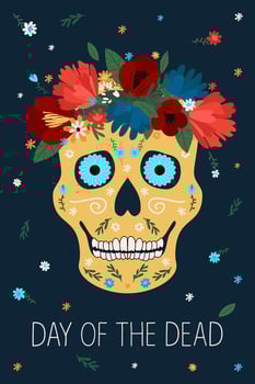 Day of the Dead card. Skull in a wreath of flowers and handwritten inscription. Modern flat vector illustration.