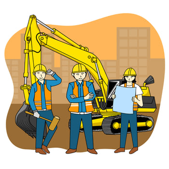 illustration of a construction team that will build a building with an excavator behind them, illustration in flat design style vector