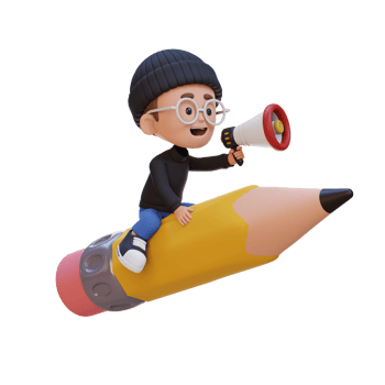 3D kid character riding a pencil and holding megaphone png