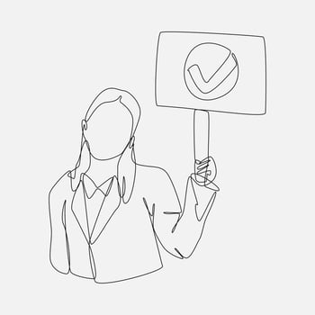 woman in formal clothes holding a board with a checklist in it on a wooden stick. continuous one line drawing style. editable stroke. vector illustration.