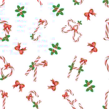 Seamless pattern with candy canes letters and holly berry vector