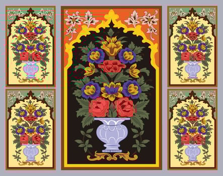 Indian mughal flower motif background border, Seamless floral wall pattern of the Mughal era, Mughal Traditional colourful arch gate vector pattern,