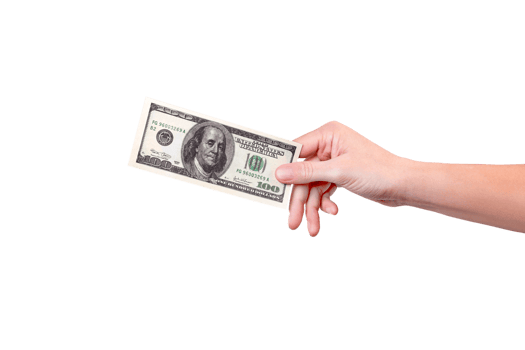 Hand gives a100 dollar bill on the right . Money in a hand isolated on  png transparent background