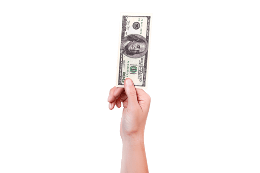 Hand below shows money 100 dollar bill. Money in a hand isolated on  png transparent background