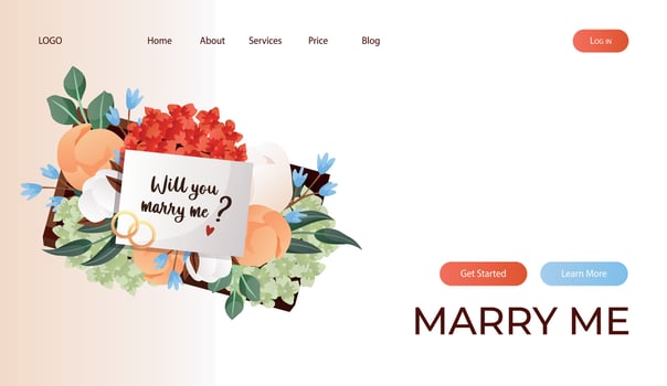 Landing page with Will You Marry Me proposing card in flower box with engagement rings. Wedding day accessories, decorations. Celebrate marriage, save the date ceremony poster, banner, cover, card vector